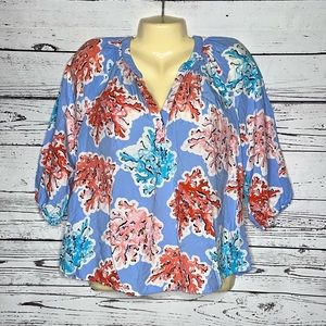 Crown & Ivy Petite Size PL Coral Reef Print Split V-Neckline Peasant Shirt Top